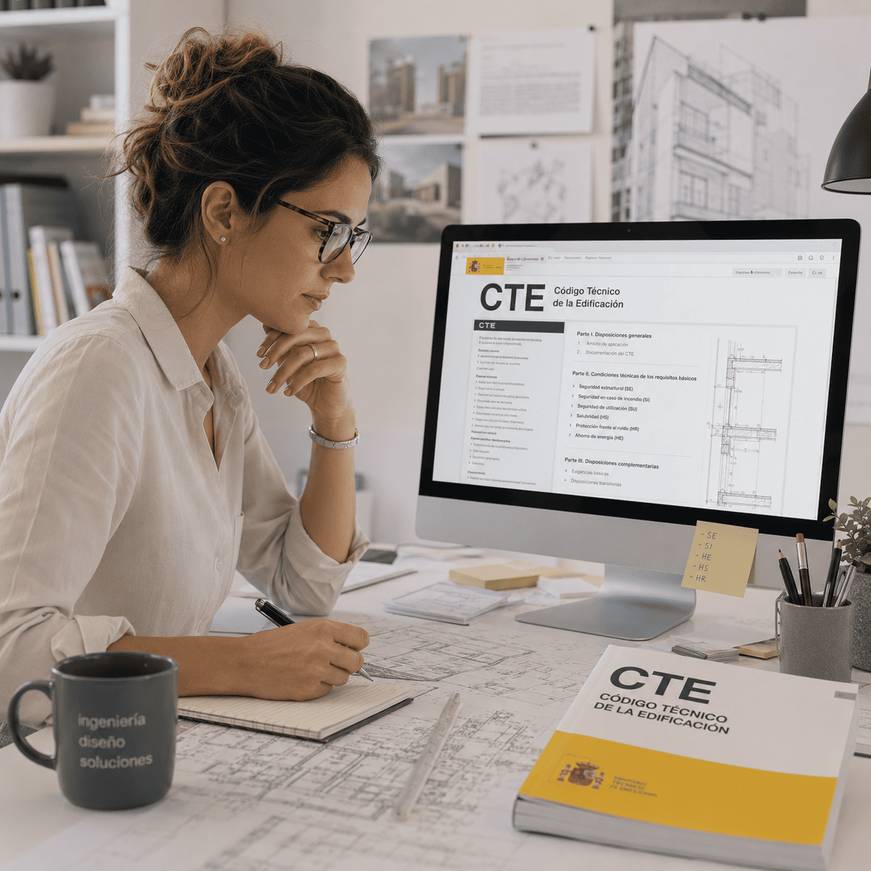 Ingeniera revisando normativa CTE aplicada al proyecto